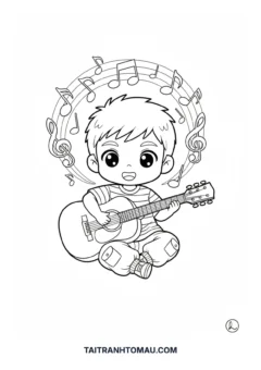 Tranh tô màu Chibi chơi đàn guitar