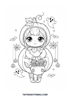 Tranh tô màu Chibi Halloween bí ngô