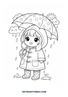 Tranh tô màu Chibi mặc áo mưa