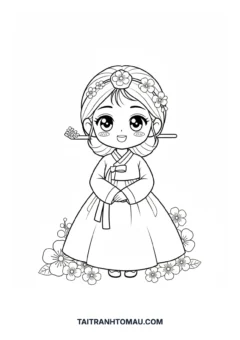 Tranh tô màu Chibi mặc Hanbok