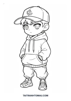 Tranh tô màu anime chibi cute chibi nam mặc hoodie