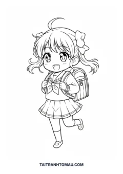 Tranh tô màu anime chibi cute chibi nữ sinh đi học