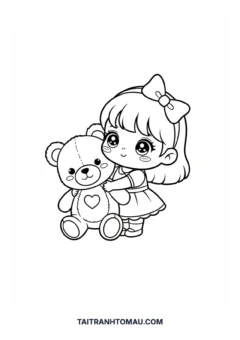 Tranh tô màu anime chibi cute chibi ôm gấu bông