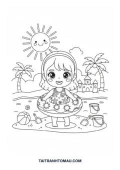 Tranh tô màu Chibi đi tắm biển