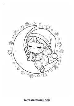 Tranh tô màu Chibi ngồi trên mặt trăng