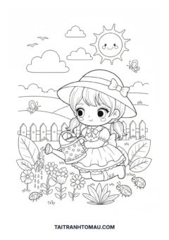 Tranh tô màu Chibi tưới hoa