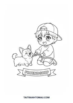 Tranh tô màu anime chibi cute chibi và chó Corgi