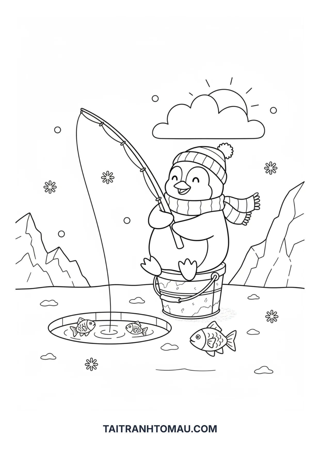 100+ Cute Penguin Coloring Pages for Kids (Free A4 Printable) 5 Penguin patiently ice fishing coloring page for kids