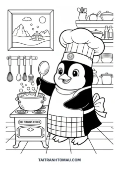 Tranh tô màu chim cánh cụt đầu bếp
