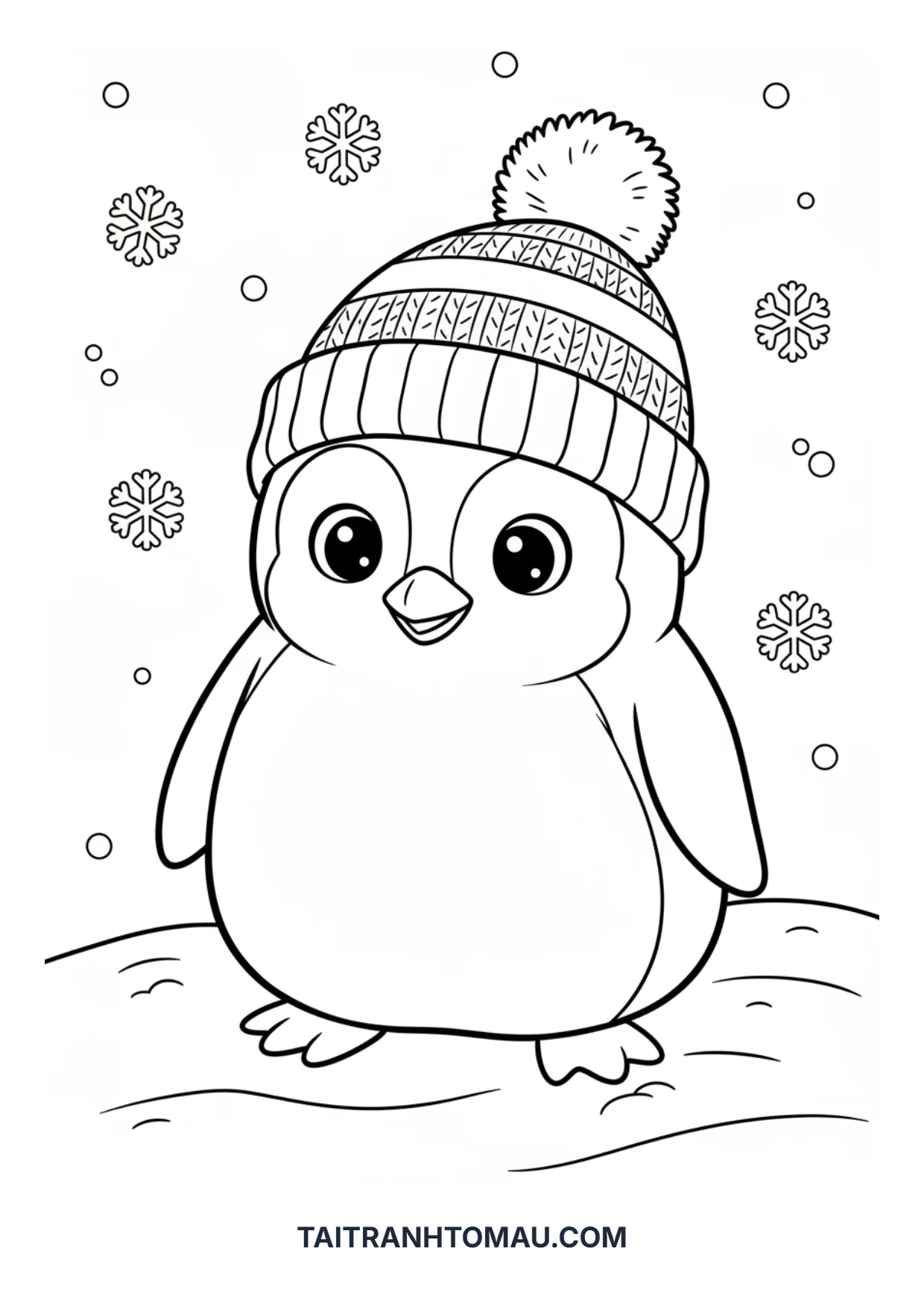 100+ Cute Penguin Coloring Pages for Kids (Free A4 Printable) 3 Penguin wearing a warm winter hat coloring page for kids