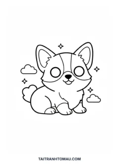 Tranh tô màu động vật cute vẽ chú chó Corgi mông tròn đang cười tươi