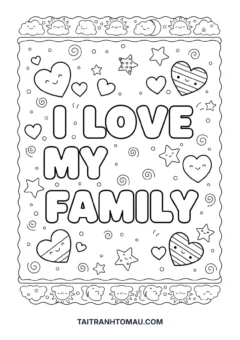 Tranh tô màu dòng chữ I Love My Family trang trí đẹp