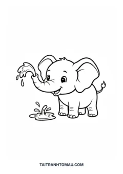 Tranh Tô Màu Động Vật Nét To, voi phun nước vui vẻ.
