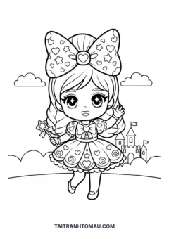 Tranh tô màu công chúa Chibi cài nơ to