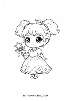Tranh tô màu công chúa Chibi cầm đũa thần