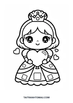 Tranh tô màu công chúa đơn giản chibi ôm trái tim