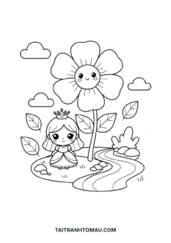 Tranh tô màu công chúa Chibi và bông hoa