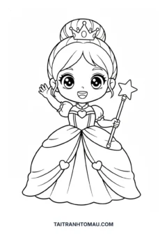 Tranh tô màu công chúa đơn giản chibi vẫy tay chào bé