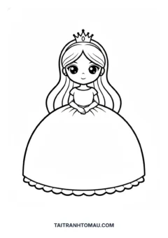 Tranh tô màu công chúa đơn giản chibi váy xòe cute