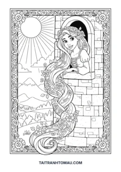Tranh tô màu công chúa đẹp nhất Rapunzel tóc mây dài óng ả