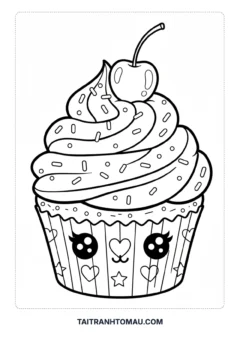 Tranh tô màu thức ăn ngon miệng cupcake kem dâu
