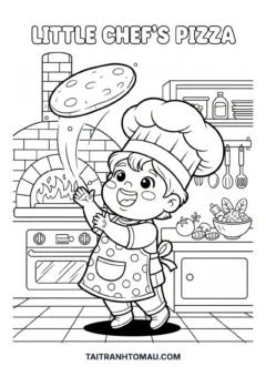 Tranh tô màu nghề nghiệp đầu bếp nhí làm pizza
