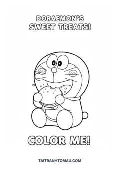 Tranh tô màu Doraemon ăn bánh rán
