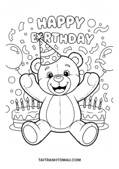 Tranh tô màu gấu Teddy đội mũ sinh nhật