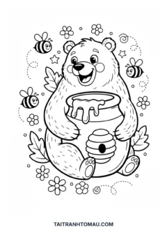 Tranh tô màu gấu cute gấu ôm hũ mật ong