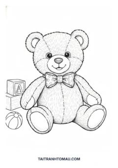 Tranh tô màu gấu cute gấu Teddy thắt nơ