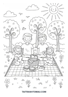 Tranh tô màu bố mẹ và bé gia đình đi picnic ngoài trời