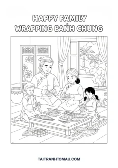 Tranh tô màu gia đình gói bánh
