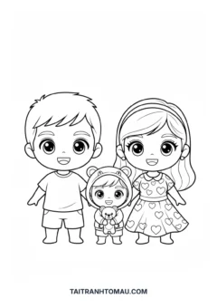 Tranh Tô Màu Gia Đình Hạnh Phúc, cả nhà phiên bản chibi đầu to mắt tròn.