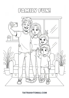 Tranh Tô Màu Gia Đình Hạnh Phúc, cả nhà chụp ảnh selfie vui vẻ.
