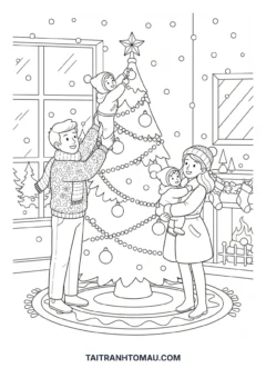 Tranh tô màu gia đình hạnh phúc gia đình đón Noel ấm cúng