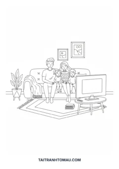 Tranh tô màu cả nhà ngồi ghế sofa xem tivi