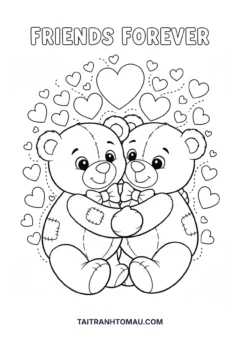 Tranh tô màu gấu cute hai chú gấu ôm nhau