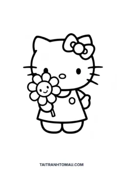 Tranh tô màu Hello Kitty cầm hoa