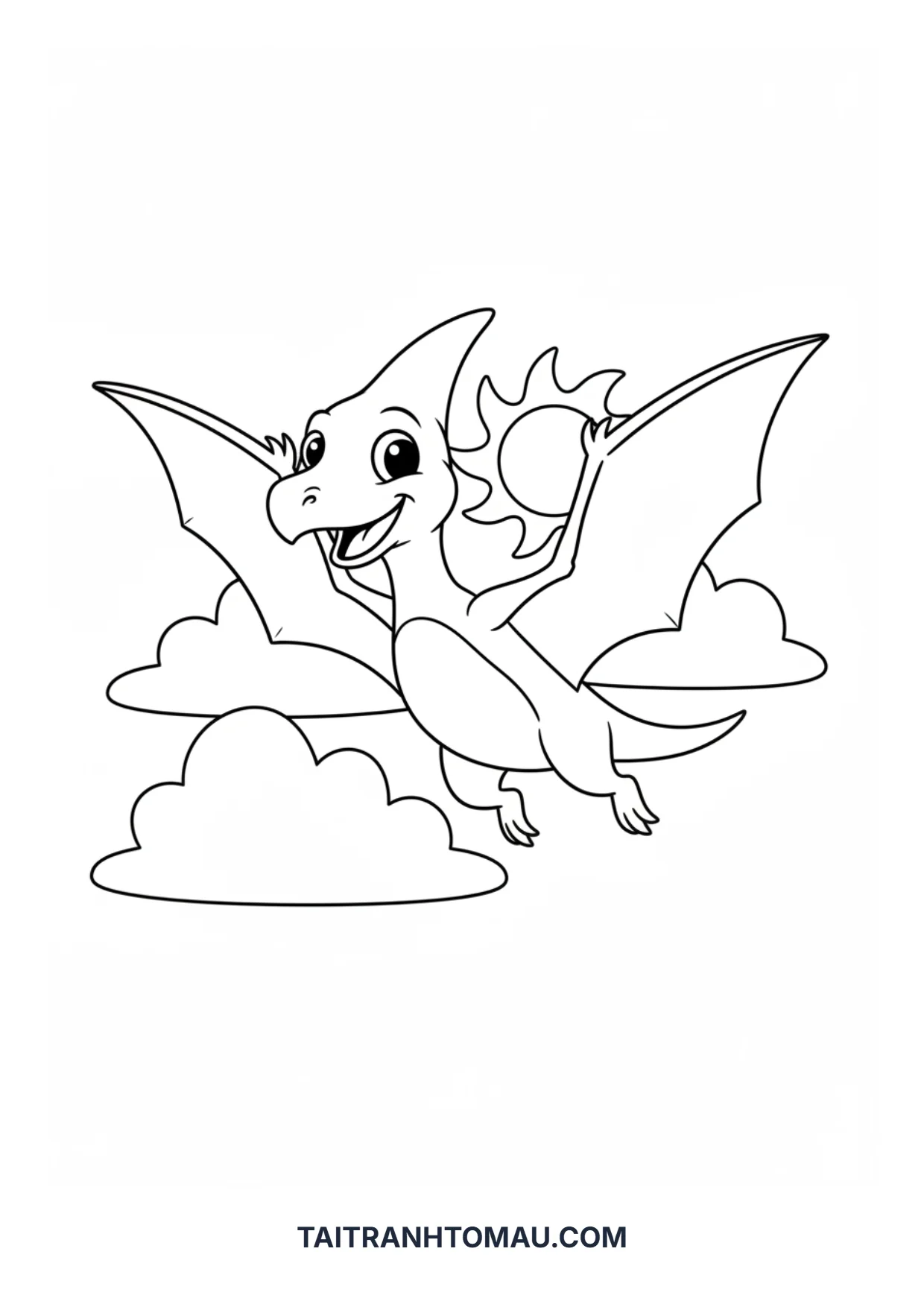 Cute Cartoon Dinosaur Coloring Pages for Kids (Free A4 Printable) 3 Printable coloring sheet of a Pterodactyl flying dinosaur in the sky