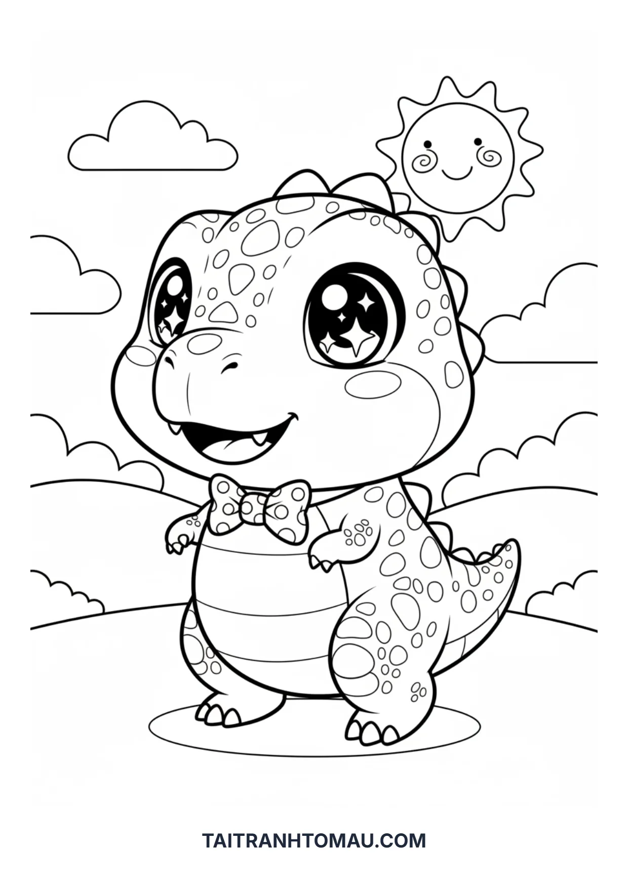 Cute Cartoon Dinosaur Coloring Pages for Kids (Free A4 Printable) 4 Adorable Chibi style dinosaur coloring page with big sparkling eyes for girls
