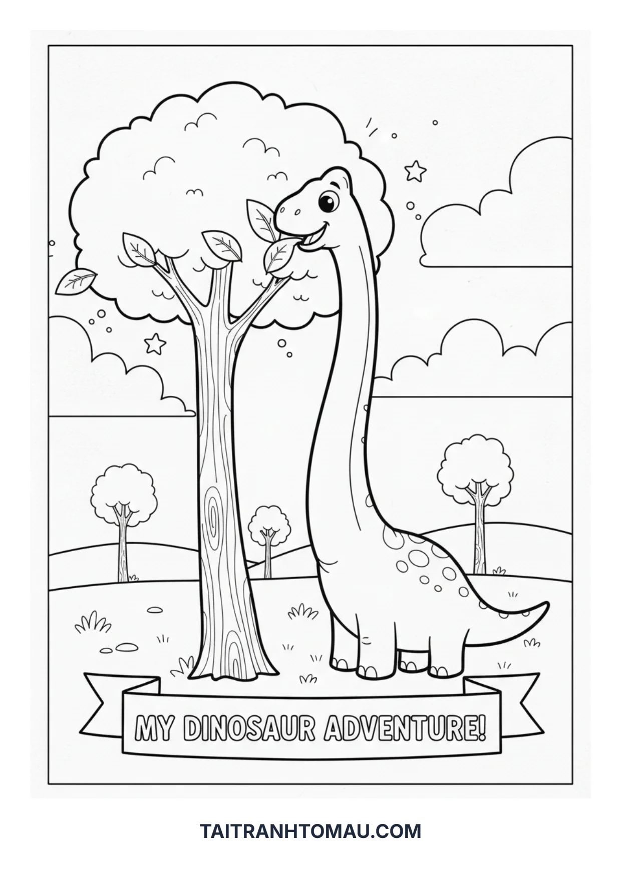 Cute Cartoon Dinosaur Coloring Pages for Kids (Free A4 Printable) 2 Easy long-neck dinosaur coloring page of a Brachiosaurus eating leaves, perfect for a 3-year-old