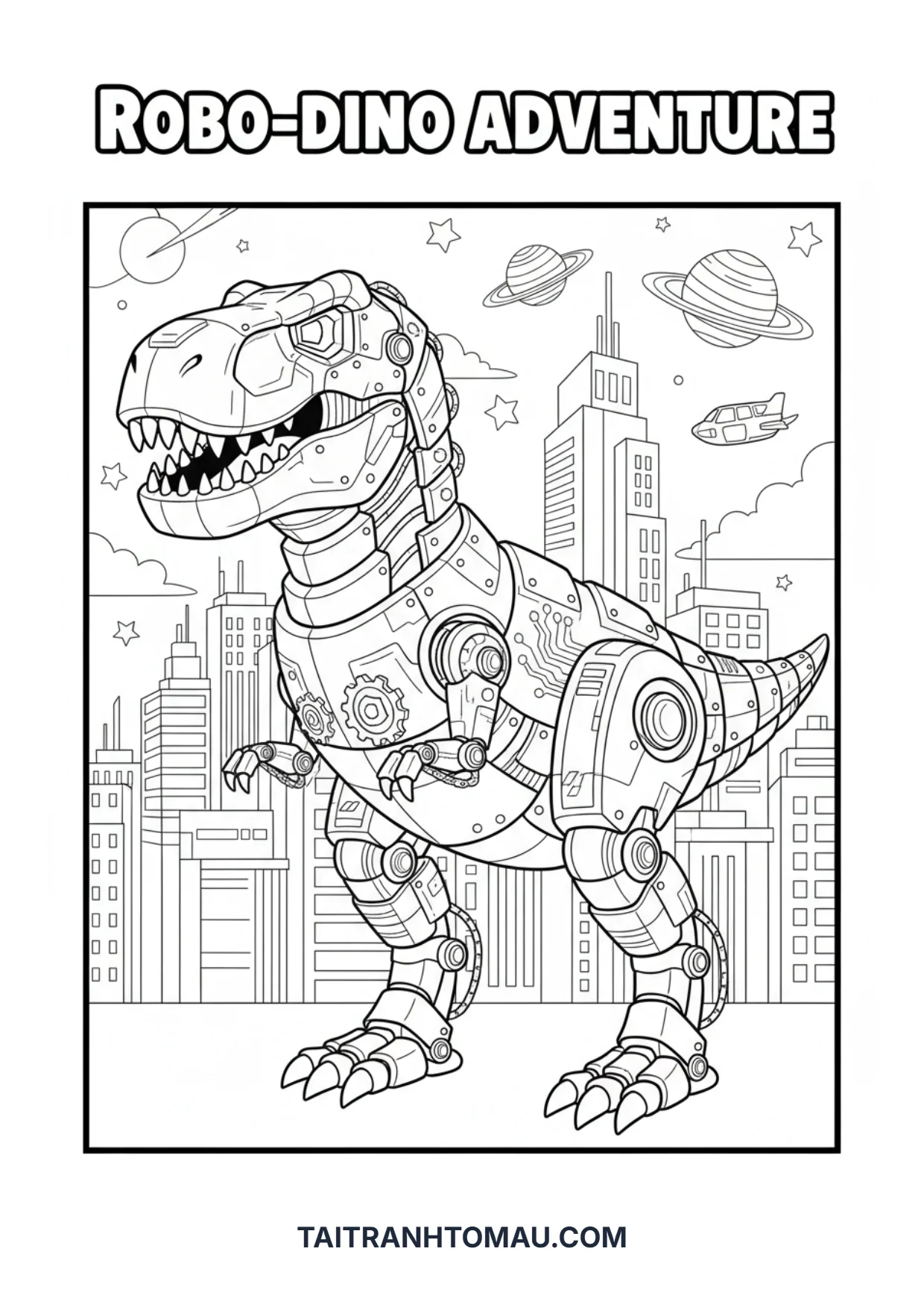 Modern T-Rex dinosaur robot coloring page