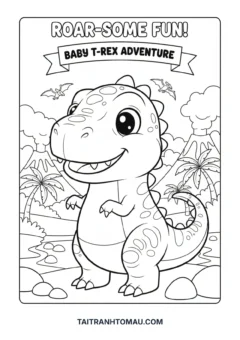 Tranh tô màu động vật cute phiên bản khủng long T-rex chibi tí hon