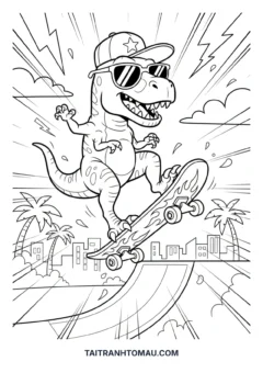 Tranh tô màu khủng long T-Rex trượt ván
