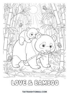 Tranh tô màu gấu cute mẹ con gấu trúc