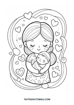 Tranh tô màu bố mẹ và bé mẹ ôm bé vào lòng yêu thương