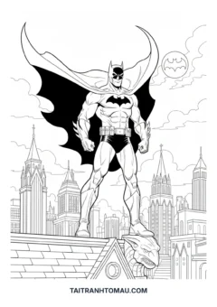 Tranh tô màu Người Dơi Batman Batman đứng trên nóc nhà Gotham