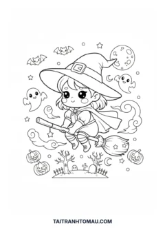 Tranh tô màu phù thủy Chibi cưỡi chổi