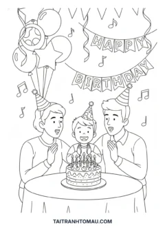 Tranh tô màu bố mẹ và bé sinh nhật bé bên gia đình