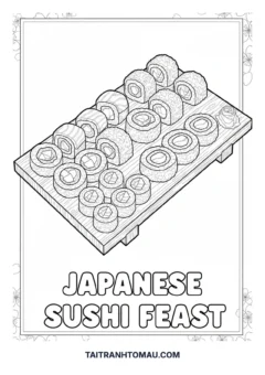 Tranh tô màu thức ăn ngon miệng sushi Nhật Bản